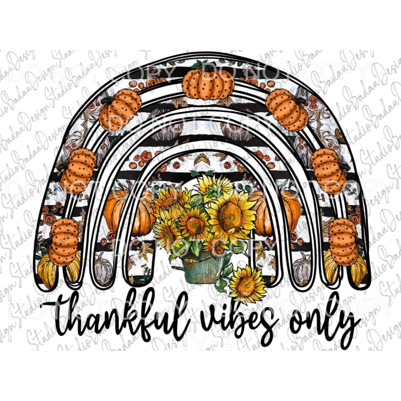Thankful Vibes Only Rainbows Pumpkins Sunflowers Black
