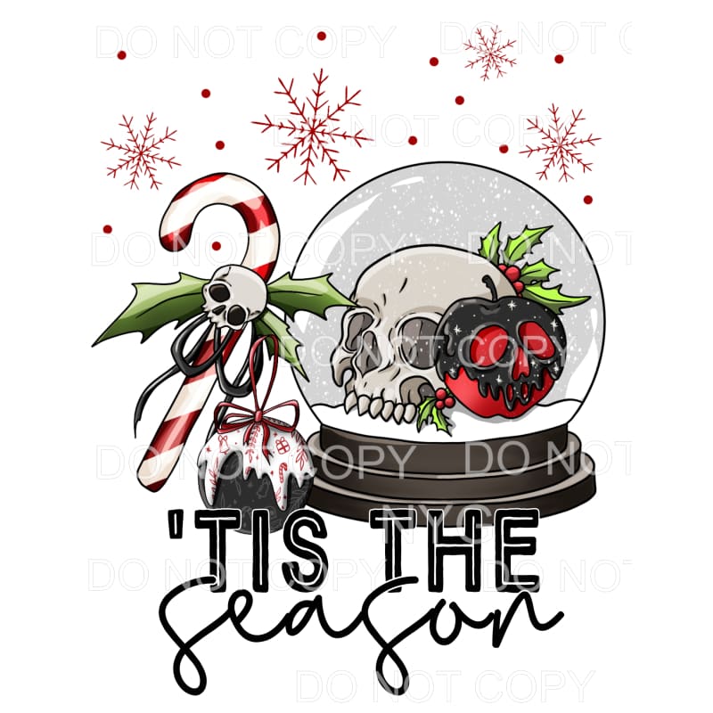 Tis The Season Skulls Snow Globe Candy Cane Ornament Holly