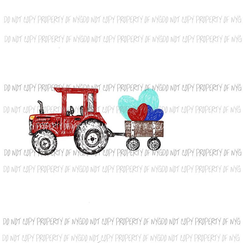 Tractor pulling Wagon hearts red blue aqua Valentines Day Sublimation transfers Heat Transfer