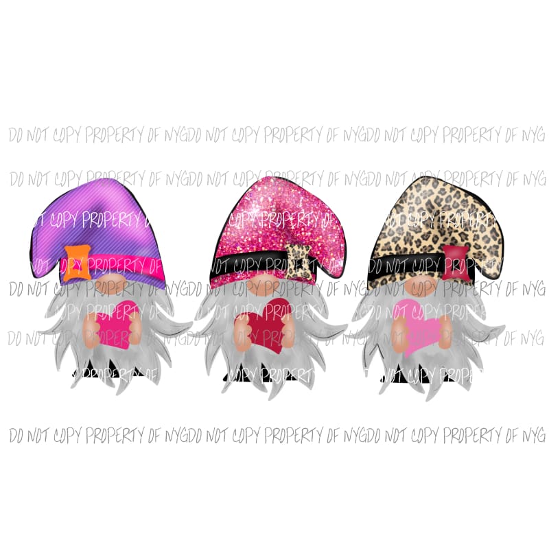 Valentines Day gnomes trio leopard pink glitter purple hearts Sublimation transfers Heat Transfer