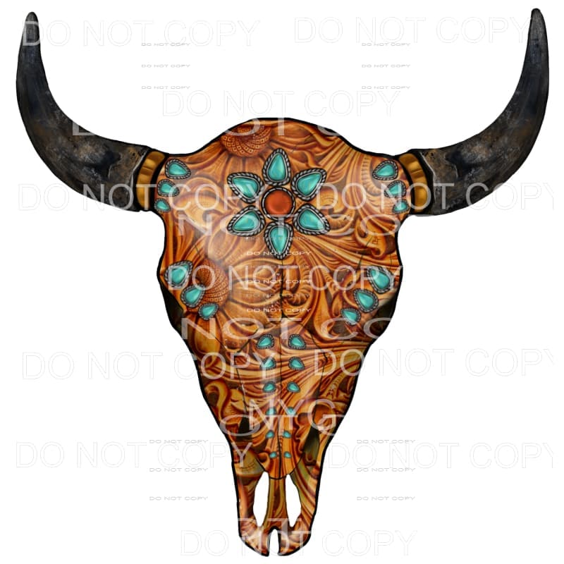 Western Tooled Leather Turquoise Gemstones Bull Skull #2039