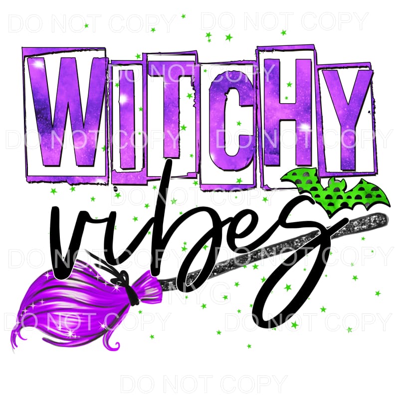 Witchy Vibes Purple Broom Block Letters Green Bat Stars #451