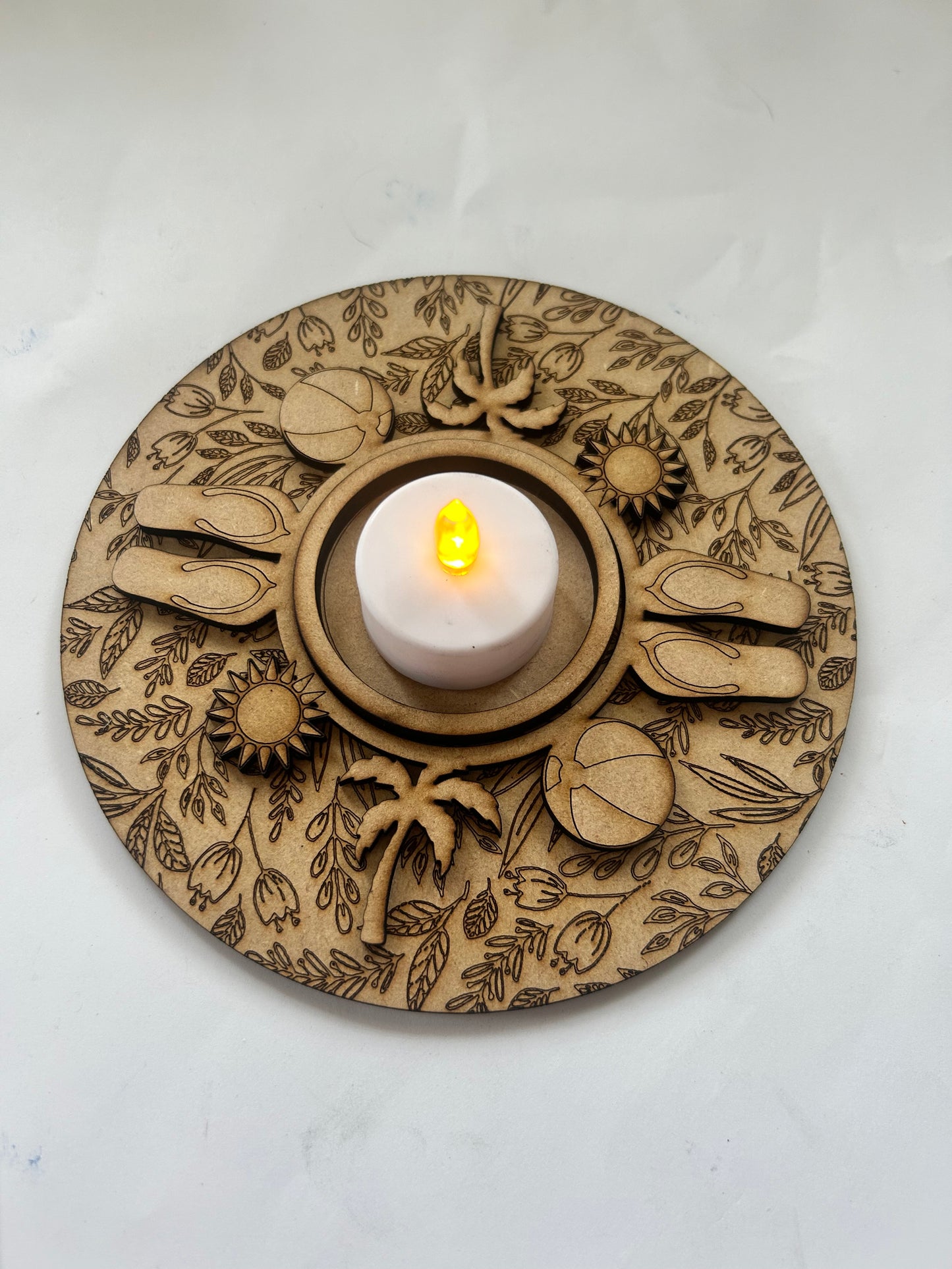 Tealight candle holder Engraved Flowers BASE INTERCHANGEABLE # 1148 Wood Laser Blank | DIY Craft Cutout | Paint-Ready