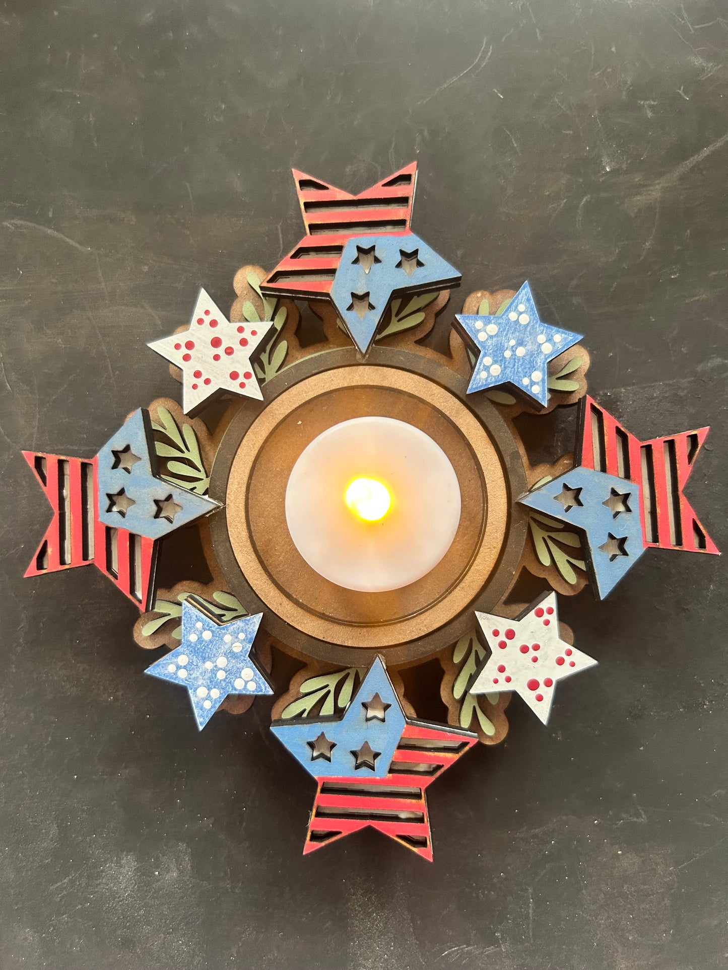 Stars & Stripes Tealight candle holder  INTERCHANGEABLE # 1200 Wood Laser Blank | DIY Craft Cutout | Paint-Ready