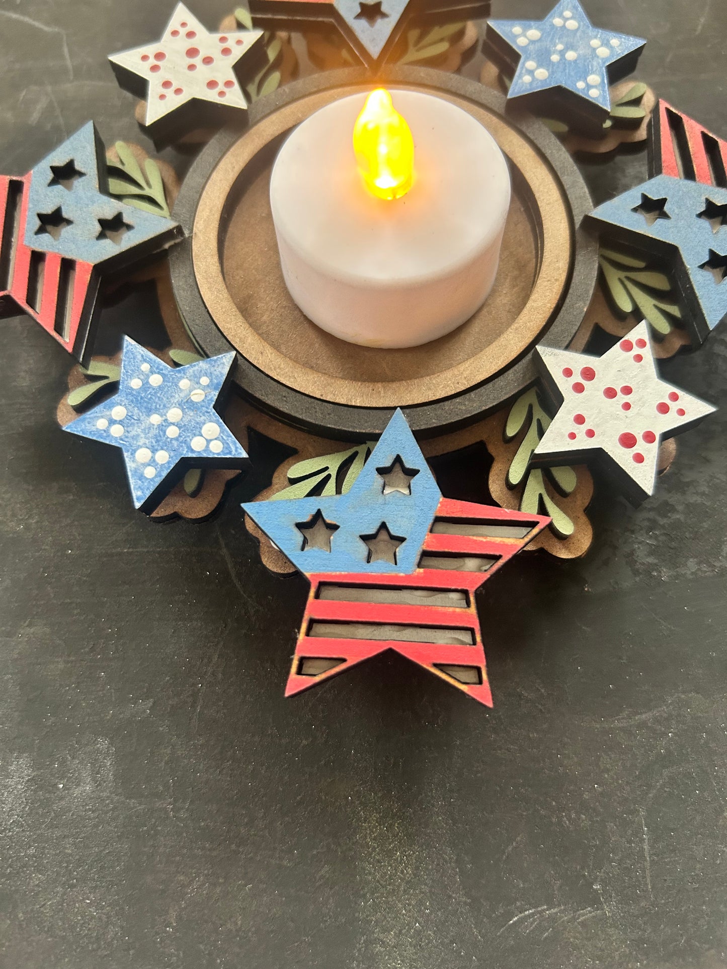 Stars & Stripes Tealight candle holder  INTERCHANGEABLE # 1200 Wood Laser Blank | DIY Craft Cutout | Paint-Ready