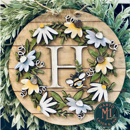 Daisy Door Hanger custom with or without inital 10 inch   Wood Laser Blank | DIY Craft Cutout | Paint-Ready