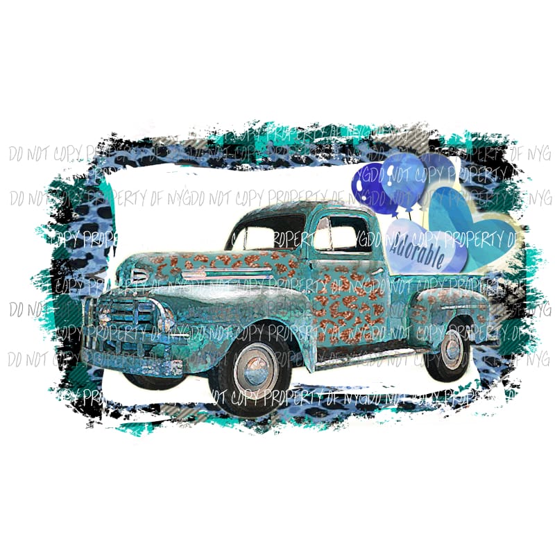 Adorable blue truck #1 leopard hearts balloons with frame Sublimation transfers Heat Transfer