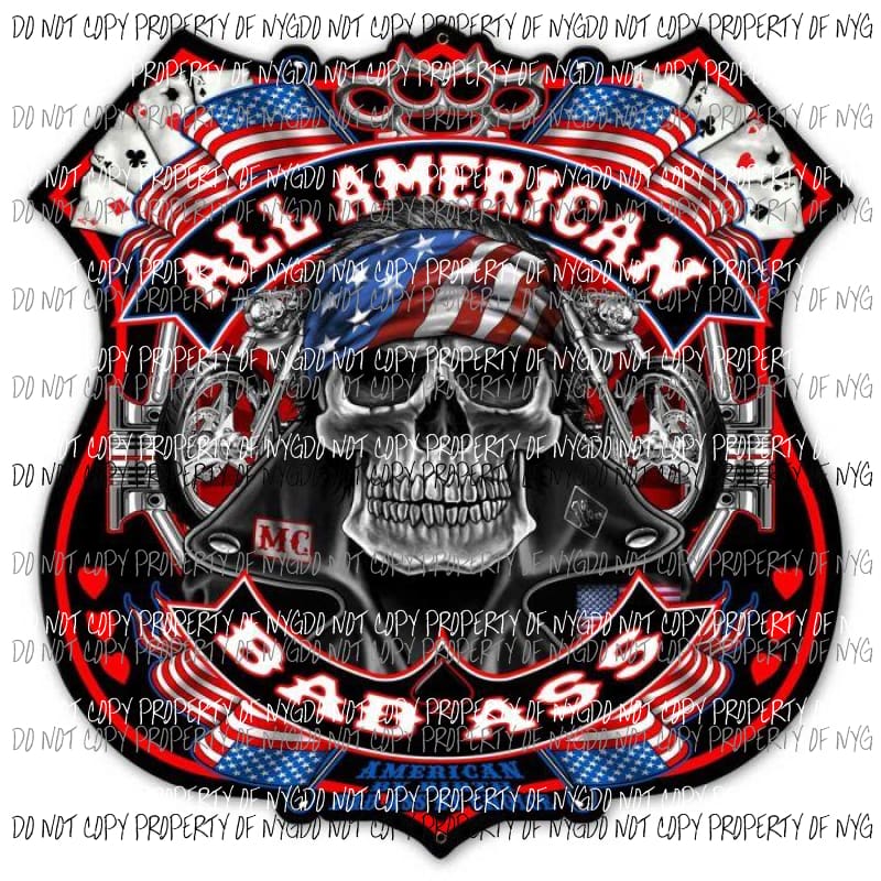 All American Bad Ass Skull Motorcyle Flag Badge Sublimation transfers Heat Transfer