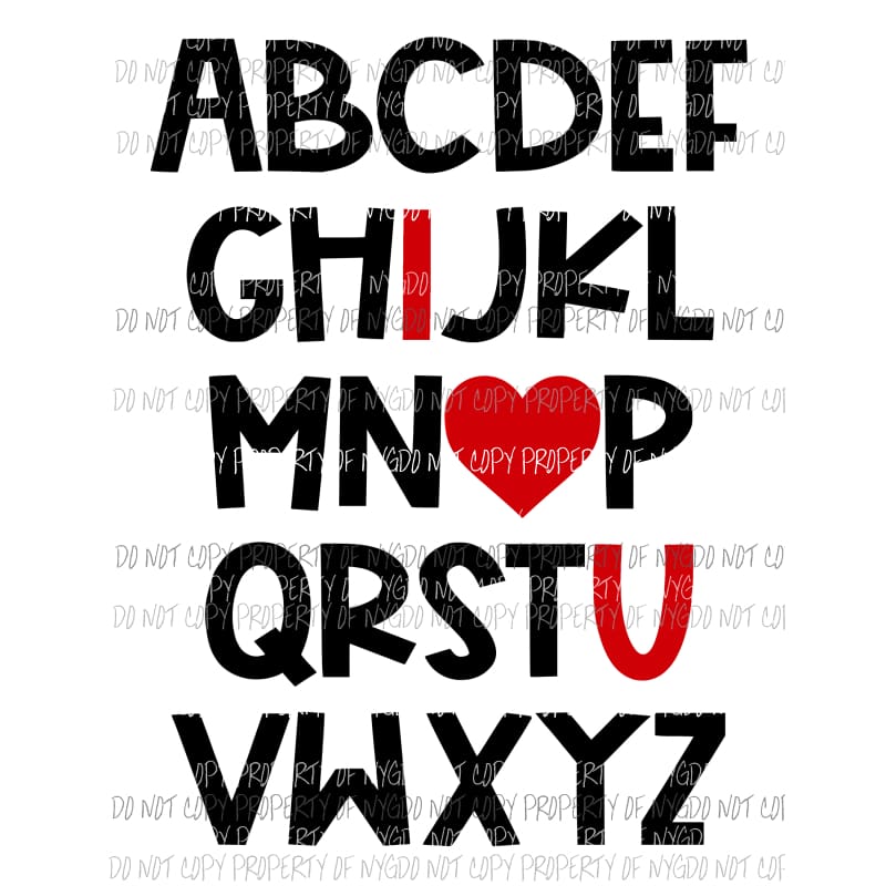 Alphabet I Heart U valentines Sublimation transfers Heat Transfer