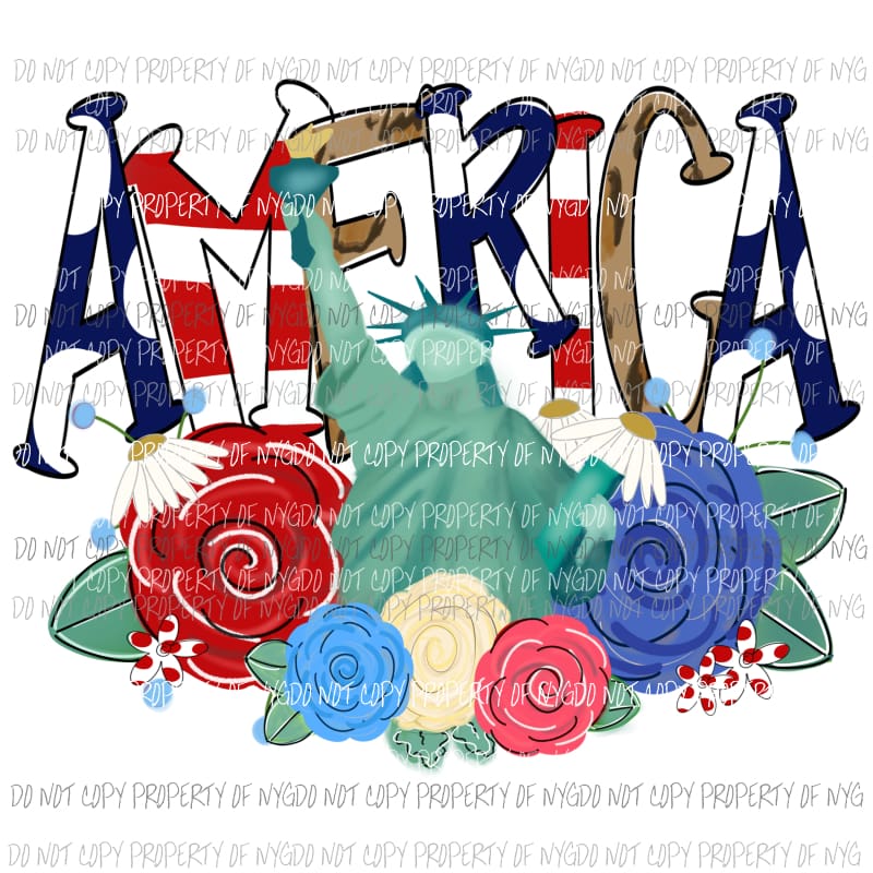 AMERICA red white blue Statue Of Liberty roses Sublimation transfers Heat Transfer