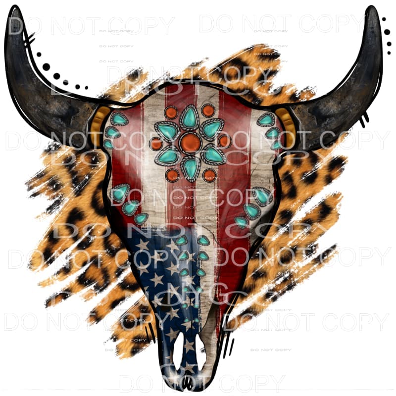 American Flag Turquoise Gemstone Bull Skull Leopard #2001 