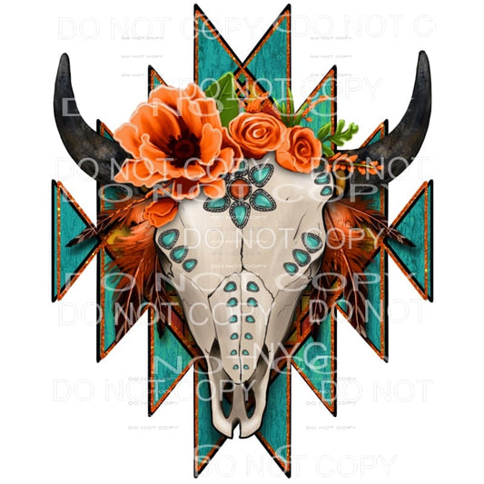 Aztec Turquoise Gemstone Bull Skull Flowers Feathers #2014 