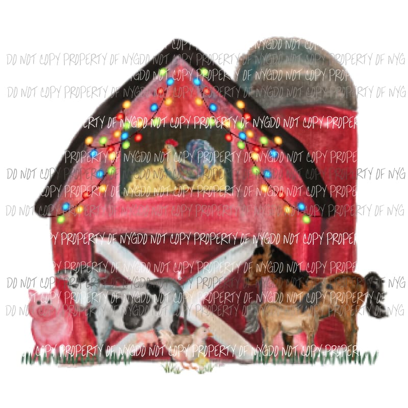 Barn with Animals Lights Watercolor Christmas Sublimation transfers Heat Transfer