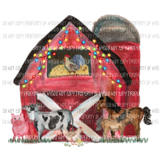 Barn with Animals Lights Watercolor Christmas Sublimation transfers Heat Transfer
