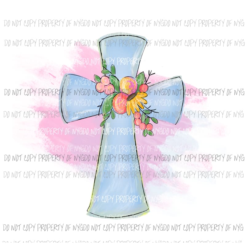 Blue Floral Cross flowers pink watercolor Sublimation transfers Heat Transfer