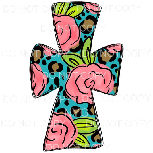 Blue Leopard Pink Floral Cross Sublimation transfers - Heat 