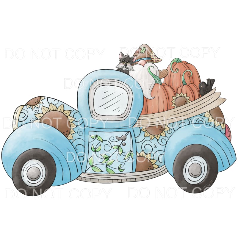 Blue Vintage Sunflower Truck Gnome Cat Pumpkins Fall Autumn 