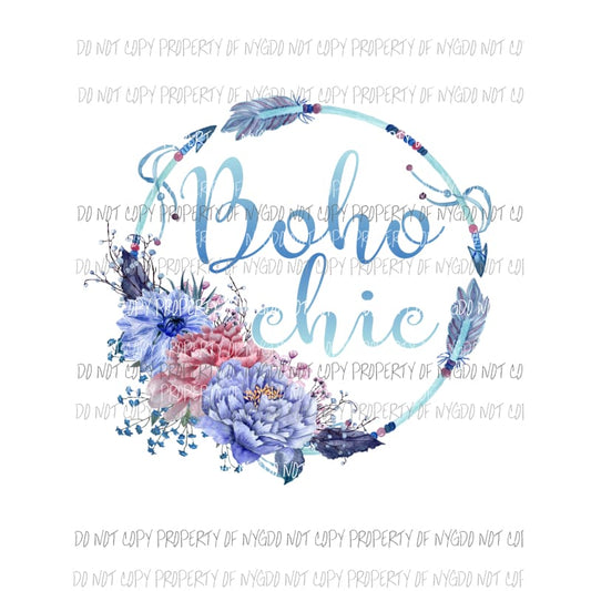Boho Chic blue circle flowers feathers Sublimation transfers Heat Transfer