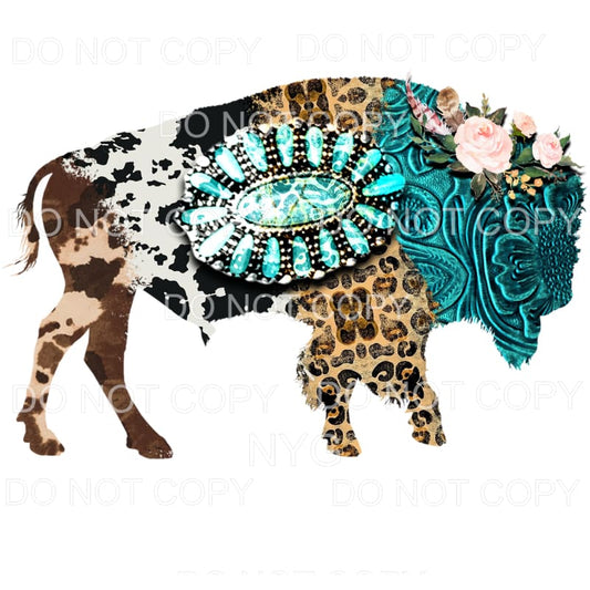 Buffalo Cowhide Turquoise Flowers Sublimation transfers - 