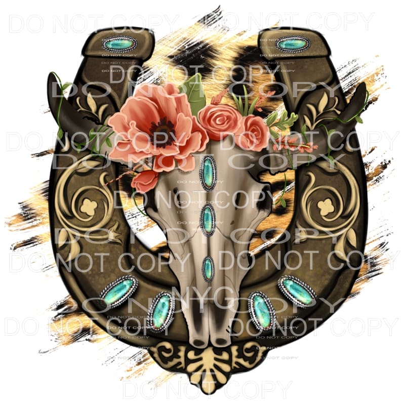 Bull Skull Flowers Turquoise Gemstones Western Horsehoe 