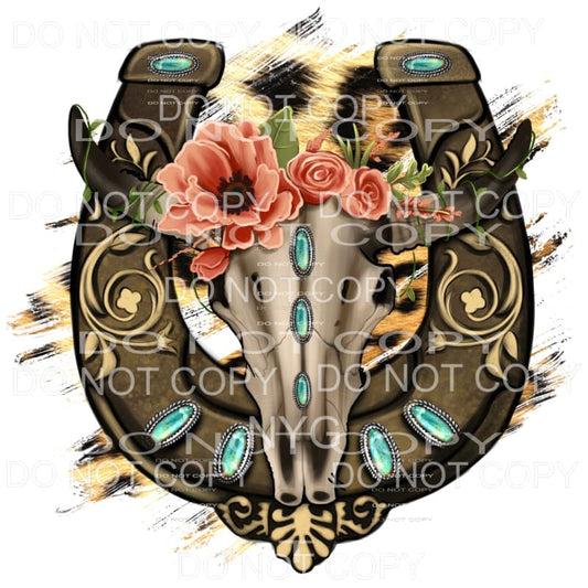 Bull Skull Flowers Turquoise Gemstones Western Horsehoe 