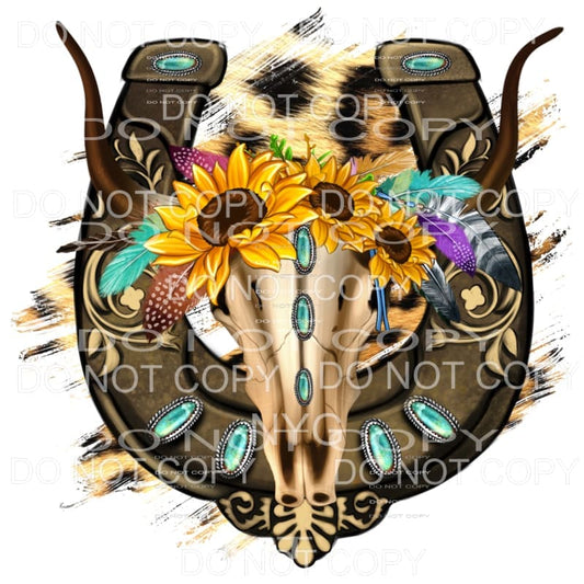 Bull Skull Sunflowers Feathers Turquoise Gemstones Western 