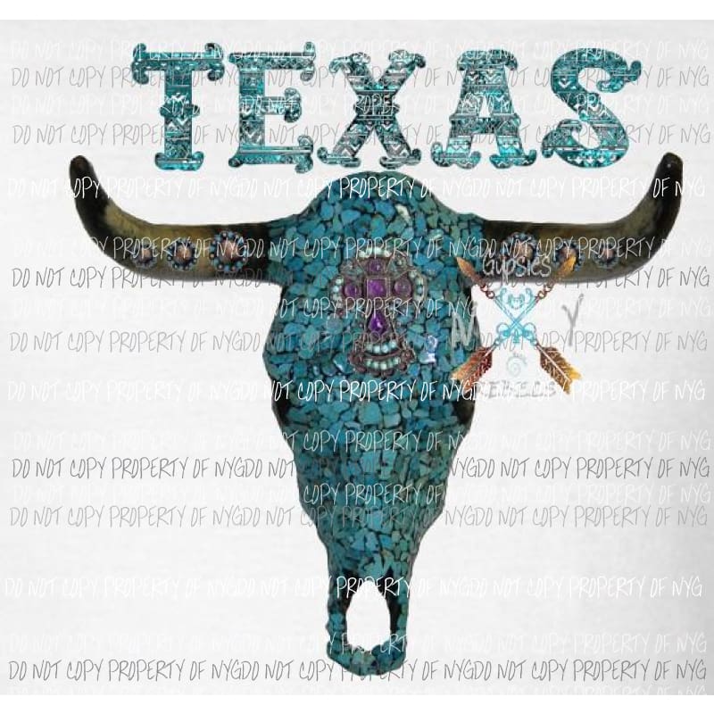 Bull skull Texas turquoise sublimation transfer Heat Transfer
