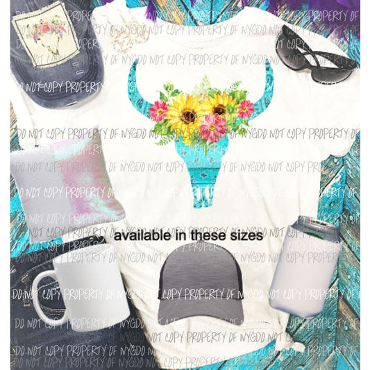 Bull skull turquoise with flowers Sublimation transfers Heat Transfer