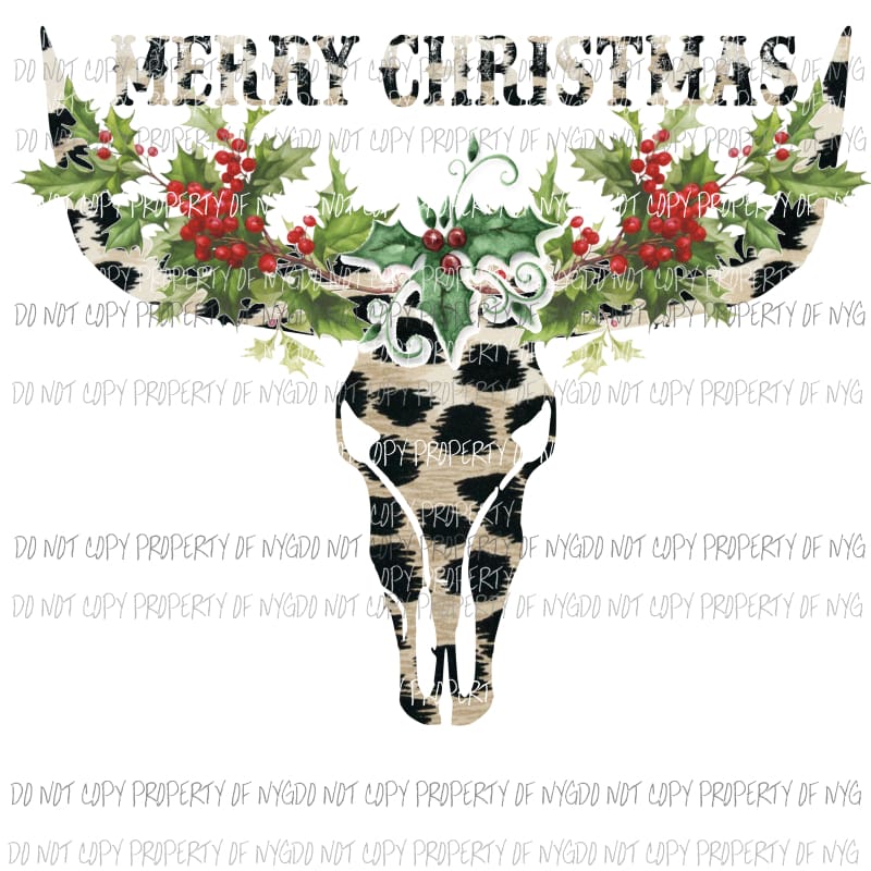 Bull skull with Christmas HOLLY LEAVES # 2 MERRY CHRISTMAS Sublimation transfers Heat Transfer