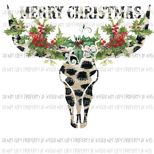 Bull skull with Christmas HOLLY LEAVES # 2 MERRY CHRISTMAS Sublimation transfers Heat Transfer