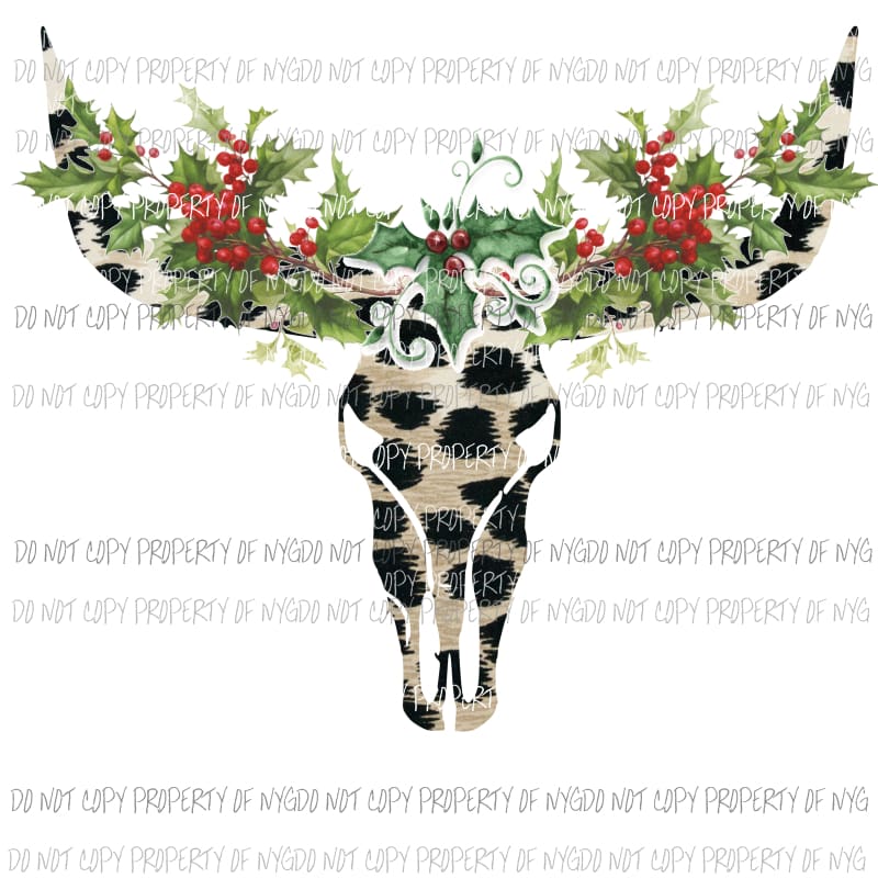 Bull skull with Christmas HOLLY LEAVES # 2 Sublimation transfers Heat Transfer