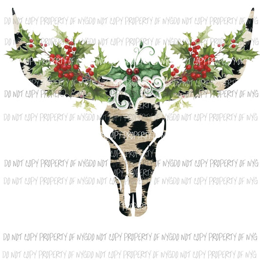 Bull skull with Christmas HOLLY LEAVES # 2 Sublimation transfers Heat Transfer