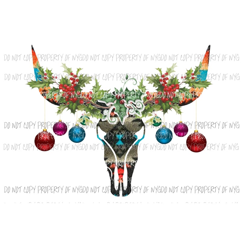 Bull skull with Christmas HOLLY LEAVES 3 Sublimation transfers Heat Transfer