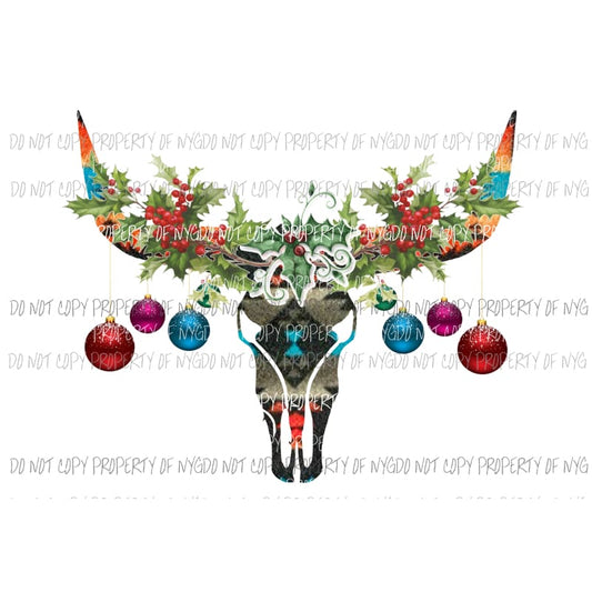 Bull skull with Christmas HOLLY LEAVES 3 Sublimation transfers Heat Transfer