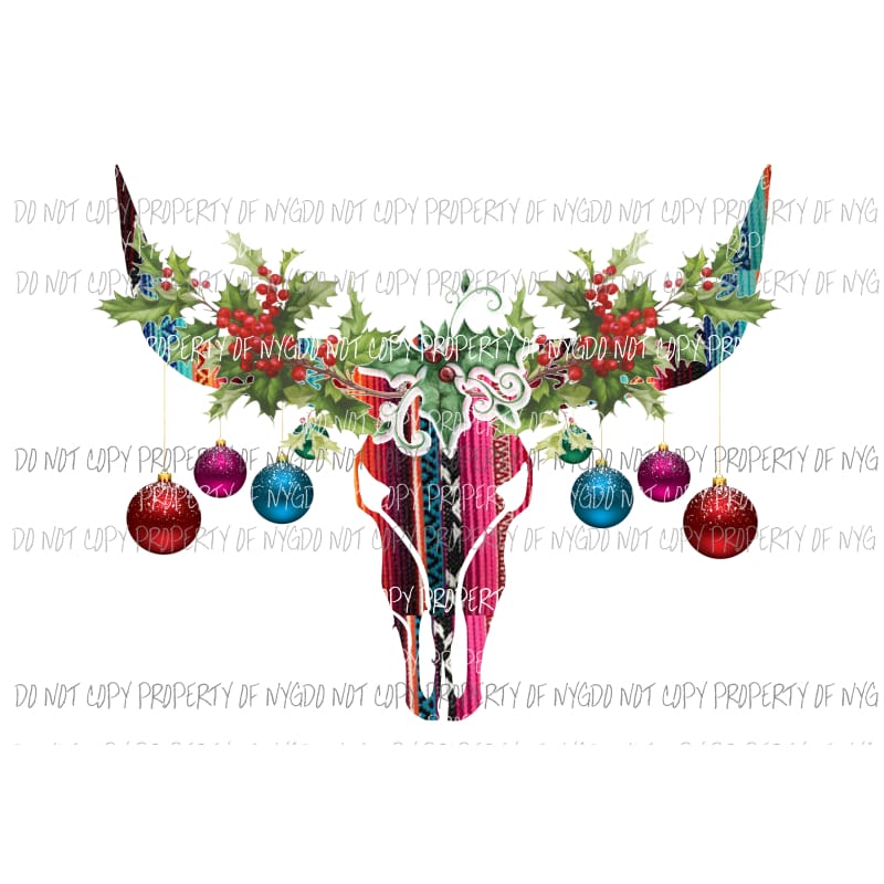 Bull skull with Christmas HOLLY LEAVES 4 Sublimation transfers Heat Transfer