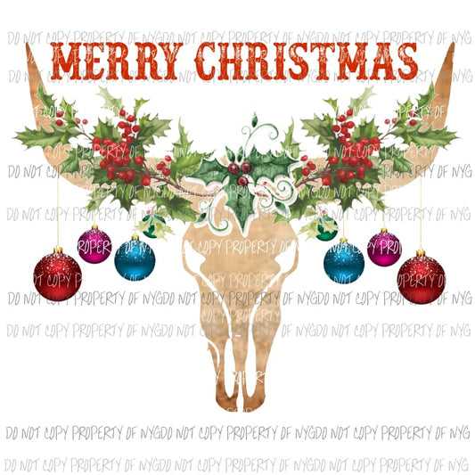 Bull skull with Christmas ornaments # 1 MERRY CHRISTMAS Sublimation transfers Heat Transfer