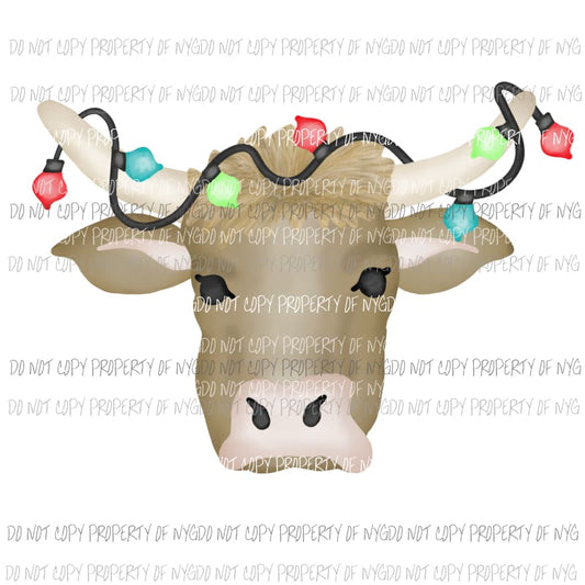 Bull with Christmas lights watercolor Christmas Sublimation transfers Heat Transfer