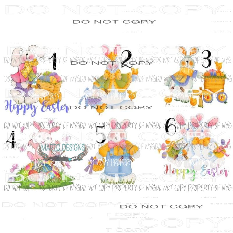 Bunnies drop down has 6 different bunnies 1-6 sublimation transfer Heat Transfer