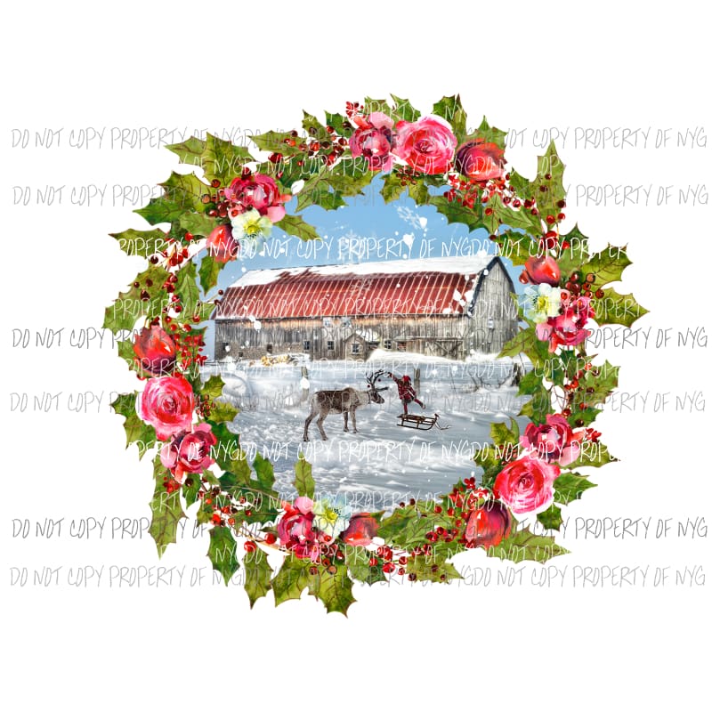 Christmas Barn Wreath Sublimation transfers Heat Transfer