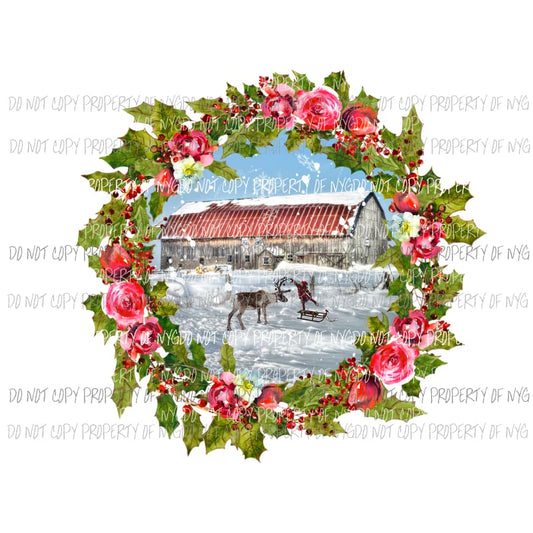 Christmas Barn Wreath Sublimation transfers Heat Transfer