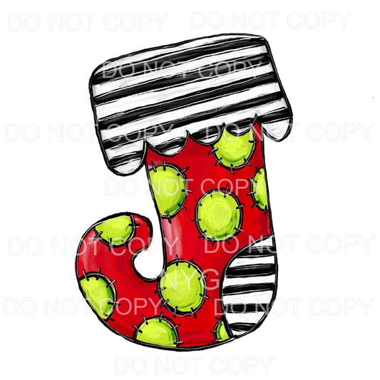 Christmas Stocking Red Green Polka Dots Black Stripes #1368 