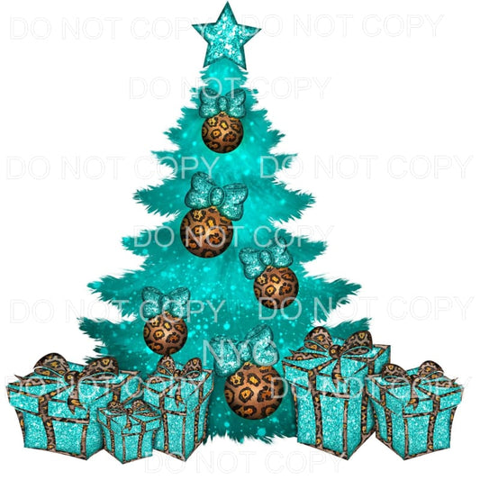 Christmas Tree Gifts Ornaments Teal Glitter Leopard #1781 