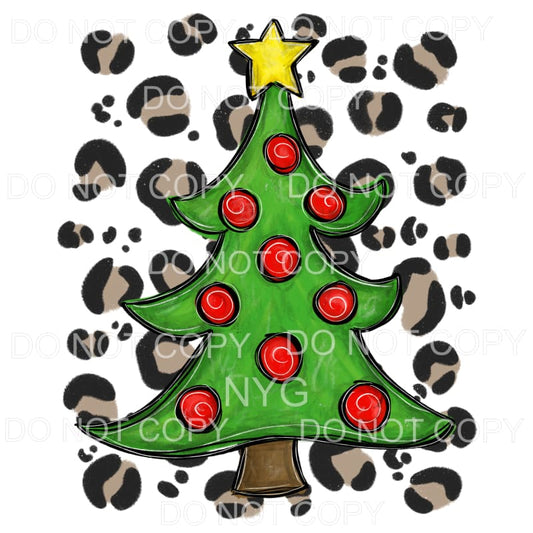 Christmas Tree Red Ornaments Gold Star Leopard Background 