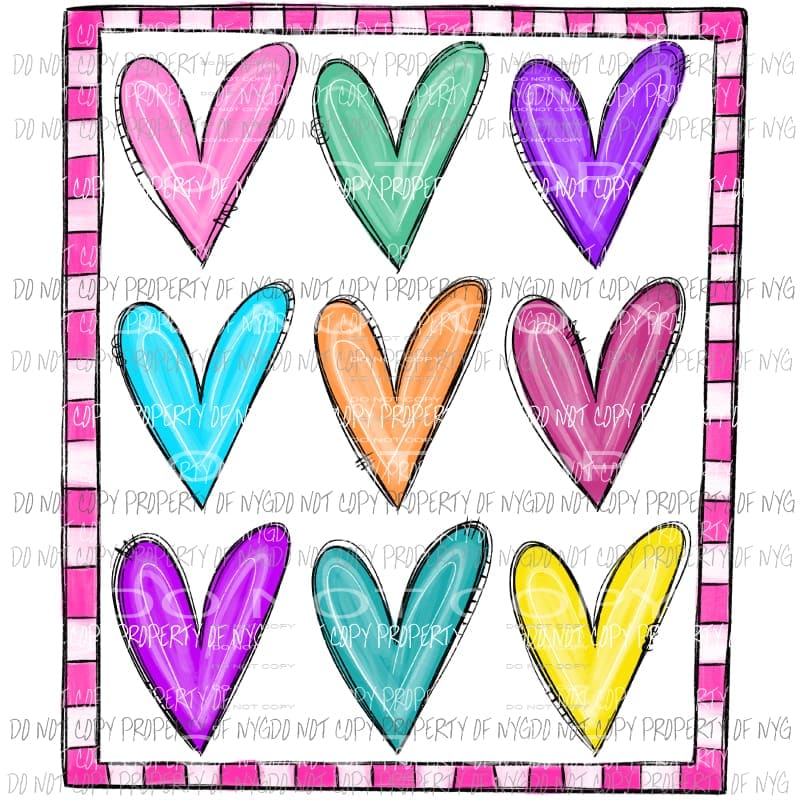 Colorful Doodle Hearts framed Sublimation transfers Heat Transfer