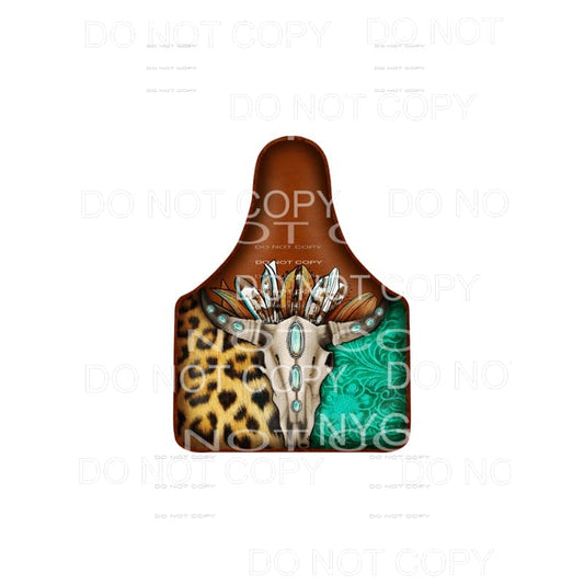 Cow Skull Turquoise Cow Tag Feathers Leopard Leather #2148 