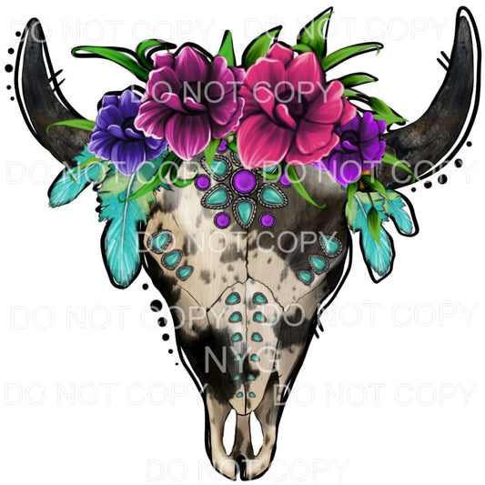 Cowhide Bull Skull Flowers Turquoise #1993 Sublimation 