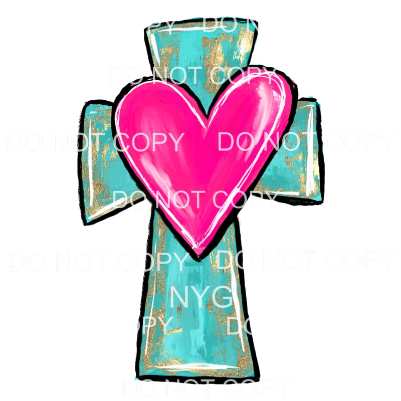 Cross Teal Watercolor Pink Heart Valentines Day #2216 