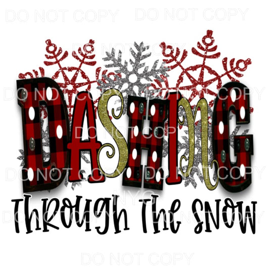 Dashing Through The Snow Red Plaid Gold Silver Snowflakes 