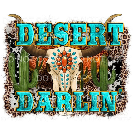 Desert Darlin Cactus Bull Skull Leopard Background Western 