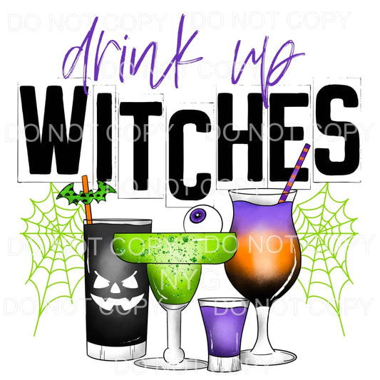 Drink Up Witches Green Purple Orange Glasses Spider Web Bats